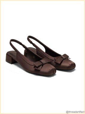Womens Slingback Chunky Low Heel Closed Square Toe Bow Ballet Pumps